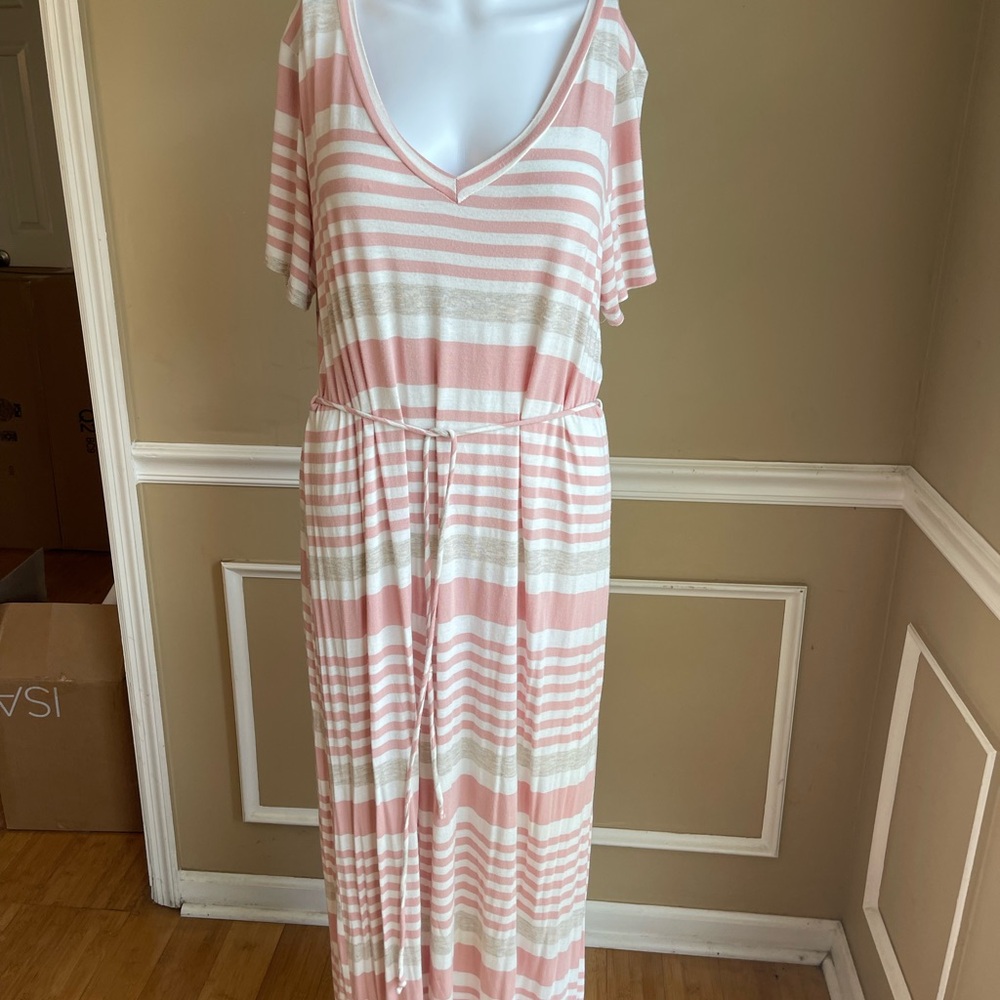 JODIFL PeachGray and Cream Striped Maxi Dress Large